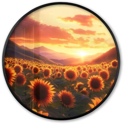 Poster in lijst Rond - Fotolijst 60x60 cm - Posters - Zonnebloemen - Zonsondergang - Landschap - Ronde posterlijst zwart - Decoratie - Wanddecoratie woonkamer - Muurdecoratie slaapkamer