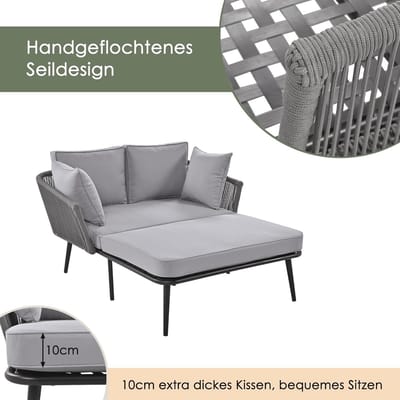 2-Persoons Tuinlounge Zonnebed 130x120x67 cm – Weerbestendige Outdoor Loungestoel met Dikke Kussens, Stalen Frame & Handgevlochten Touwdesign voor Tuin, Balkon & Terras – Grijs – Laura