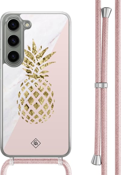 Casimoda® hoesje met rosegoud koord - Geschikt voor Samsung S23 - Ananas - Afneembaar koord - TPU/polycarbonaat - Roze