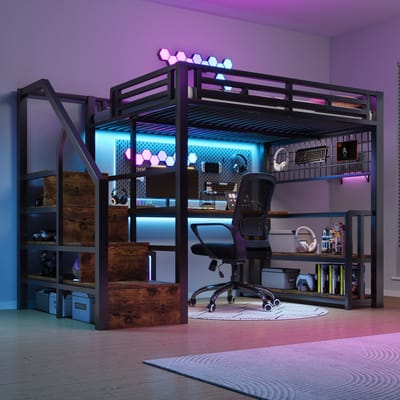 VVBV Hoogslaper 140x200 met Bureau, Trap met Opbergruimte & LED - Zwart Metalen Frame, USB/Type-C Poorten