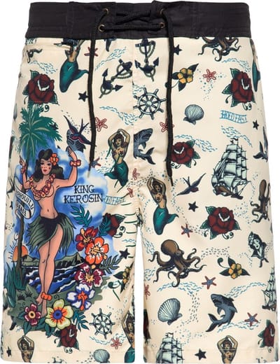 King Kerosin Designer-Badeshorts Honolulu Hawaii Ecru-3XL
