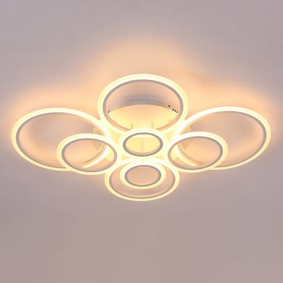 Moderne LED-plafondlamp met ronde ringen, plafondlamp voor de woonkamer, dimbaar (3000K-6500K), 280° verlichte buitenring, wit, 8 ringen/105*80*18 cm