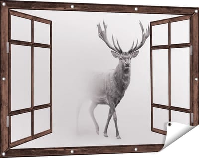 Gards Tuinposter Doorkijk Hert - Zwart Wit - 120x80 cm - Tuindoek - Tuindecoratie - Wanddecoratie buiten - Tuinschilderij
