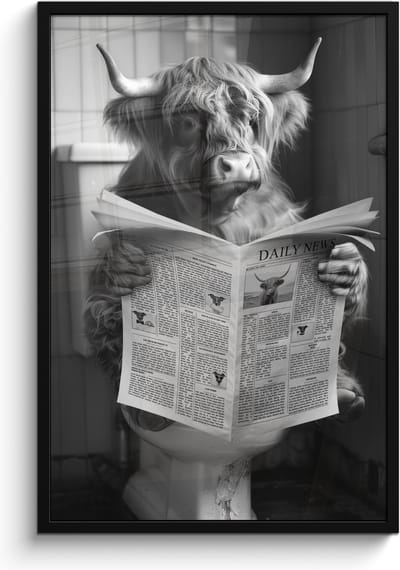 Poster in lijst - Fotolijst 60x90 cm - Posters - Schotse hooglander - Koe - Krant - WC - Zwart wit - Posterlijst zwart - Wanddecoratie badkamer - Muurdecoratie WC - Decoratieve accessoires - Toilet muur decoratie