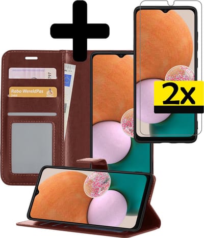 Hoesje - Met 2x Screenprotector - Geschikt voor Samsung Galaxy A13 5G - Luxe Pasjeshouder - Bookcase Portemonee - Flip Case - Kunstleer Book Case - Flipcase Hoes - Book Cover - Walletcase - Portemonneehoes - Telefoonhoesjes - Bruin