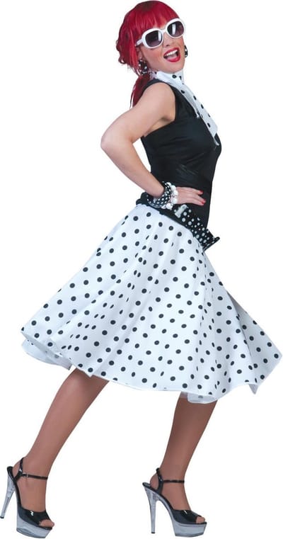 Verkleedpak rok en sjaal wit (met zwarte stippen) Rock 'N Roll Skirt White Onesize