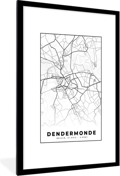 Fotolijst incl. Poster Zwart Wit- Stadskaart – Zwart Wit - Kaart – Dendermonde – België – Plattegrond - 80x120 cm - Posterlijst