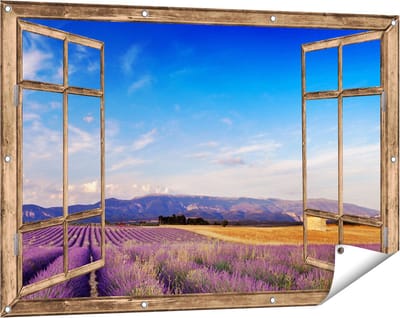 Gards Tuinposter Doorkijk Raam met Lavendel Veld - 120x80 cm - Tuindoek - Tuindecoratie - Wanddecoratie buiten - Tuinschilderij