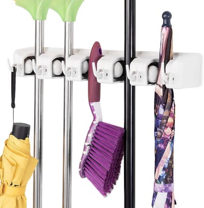 Bezemhouder met 6 opvouwbare haken en 5 snelspanners, dweilhouder, bezemhouder, gereedschapshouder, opberglijst, gereedschapslijst voor kledingkast, keuken, garage en tuin ,Creme, HMTM-CL11900
