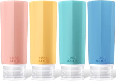 Famanu – Set van 4 siliconen reisflessen - 100 ml - reisflessen om te vullen - cosmetica - shampoo - vloeistoffen - lekvrij - navulbare lege reisset - reisformaat - containers - reisflessenset - reisset