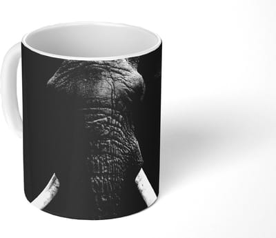 Mok - Koffiemok - Olifant - Wilde dieren - Zwart - Wit - Portret - Mokken - 350 ML - Beker - Koffiemokken - Theemok