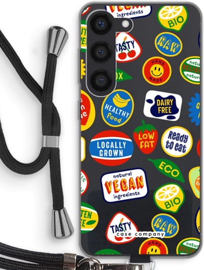 Case Company® - Hoesje met koord geschikt voor Samsung Galaxy S23 hoesje met Koord - Fruitsticker - Telefoonhoesje met Zwart Koord - Bescherming aan alle Kanten en Over de Schermrand