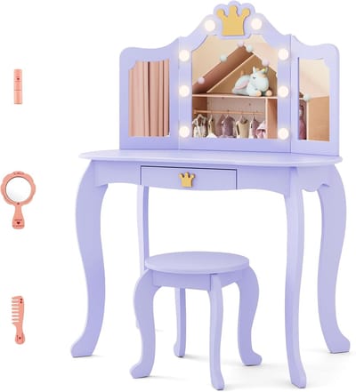 KOMFOTTEU Make-uptafel met spiegel en kruk, kaptafel van hout en grenen poten, anti-kantelbescherming, lade en afneembaar spiegelopzetstuk, make-uptafel voor meisjes, 3 jaar en ouder