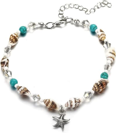 Elegante turquoise enkelband met stervormige schelp voor vrouwen en meisjes, verstelbaar, zilveren metalen voetjuweel