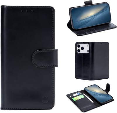 Casemania Echt Leren Hoesje Geschikt voor Apple iPhone 17 Pro - Charcoal Gray - Leer Book Cover - Portemonnee Telefoonhoesje met Pasjeshouder