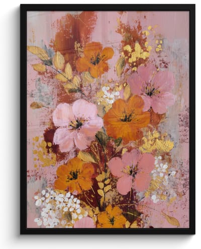 Poster in lijst - Fotolijst 60x80 cm - Posters - Schilderij - Bloemen - Rustiek - Roze - Posterlijst zwart - Decoratie - Wanddecoratie woonkamer - Muurdecoratie slaapkamer