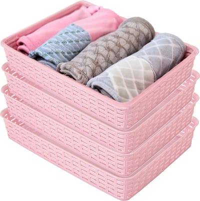 Hega Hogar Opbergmandje/ladeverdeler - 4x - roze - 4.5 liter - kunststof - 26 x 35 x 6 cm - kastmandjes - manden