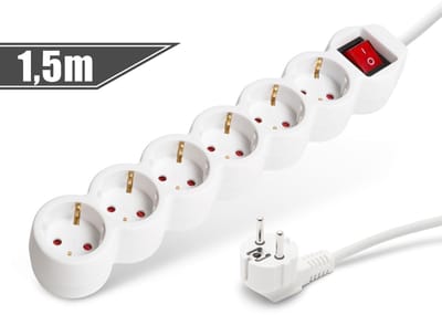 Witte 6-voudige stekkerdoos 1,5 meter kabel - verlengsnoer, power strip, verdeeldoos, met stevige isolatie- CEE 7/7 stekker en 6 beschermde contactdozen, 16A, 250V AC [20230]