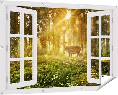 Gards Tuinposter Doorkijk Hert in Bos met Zon - 150x100 cm - Tuindoek - Tuindecoratie - Wanddecoratie buiten - Tuinschilderij