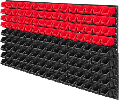 KADAX Gereedschapswandrek, 156 x 78 cm, werkplaatswandrek, werkplaatsrek voor garage, gereedschapswandset, opslagsysteem met opbergkasten, uitbreidbare wandplaten (rood en zwart, 135-delig)