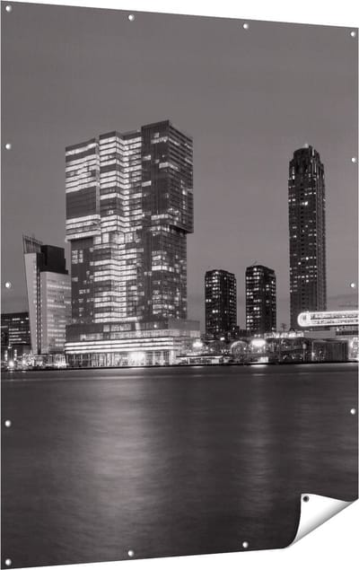 Gards Tuinposter Rotterdamse Skyline - Zwart Wit - 120x160 cm - Tuindoek - Tuindecoratie - Wanddecoratie buiten - Tuinschilderij