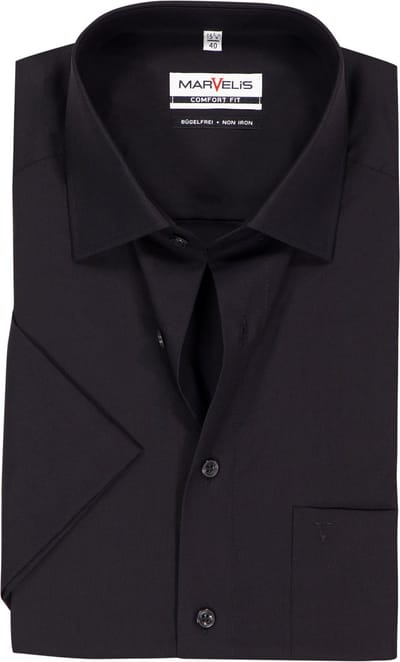 MARVELIS comfort fit overhemd - korte mouw - zwart - Strijkvrij - Boordmaat: 39 (EU maat: M)