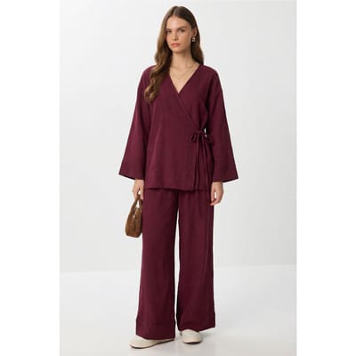 Hoge Taille Wijde Pantalon & V-hals Blouse met Strikdetail Set