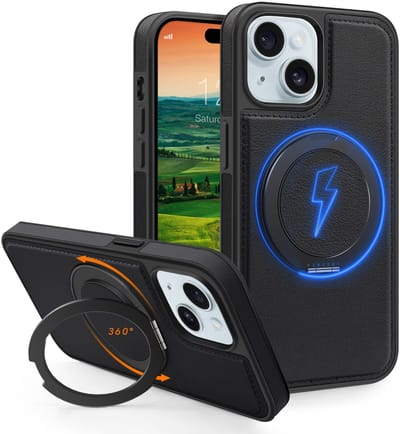 Perfeqt hoesje geschikt voor iPhone 15 Plus leren BackCover met 360° Kickstand & Keyring houder - Classic Black