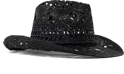 KIMU® Cowboyhoed Gevlochten Strohoed Zwart - Zwarte Stro Cowboy Western Rieten Hoed Dames Heren - Cowgirl Raffia Riet Yellowstone Festival