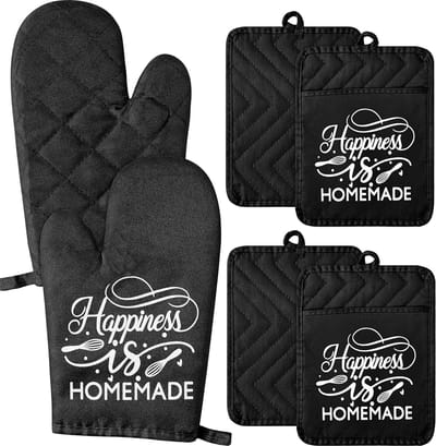 JGS ® 6-delige grappige ovenwantenset, Happiness is Homemade hittebestendige hete pads machinewasbaar zakken pannenlappen met ophanglus voor veilig bakken koken grillen