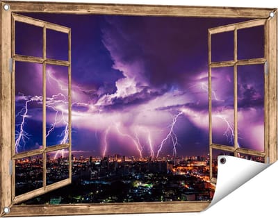 Gards Tuinposter Doorkijk Blikseminslag op een Stad in het Paars - 90x60 cm - Tuindoek - Tuindecoratie - Wanddecoratie buiten - Tuinschilderij