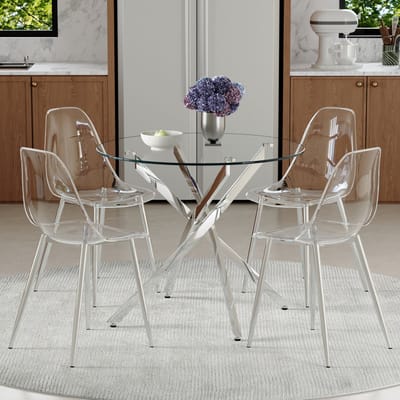 Tafel- en stoelenset. Luxe eettafel van 88 cm met blad van gehard glas + 4 transparante kunststof eetkamerstoelen. Moderne, eenvoudige set van 1 tafel en 4 stoelen, ideaal voor kleinere eetruimtes.