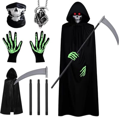 Halloween Grim Reaper Kostuum voor Volwassenen en Kinderen, Zwarte Cape met Schedelmasker, Sikkel, Handschoenen en Schedelketting voor Cosplay en Feestjes