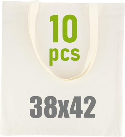 Zware Katoenen Boodschappentas 10 Stuks - 38x42 cm, Sterke Jute Draagtas met Lange Hengsels