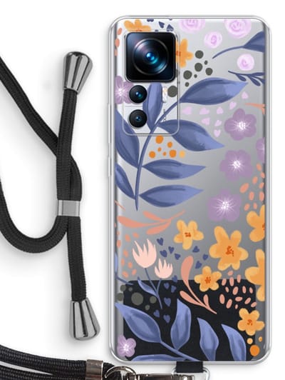 Case Company® - Hoesje met koord geschikt voor Xiaomi 12T Pro hoesje met Koord - Flowers with blue leaves - Telefoonhoesje met Zwart Koord - Bescherming aan alle Kanten en Over de Schermrand