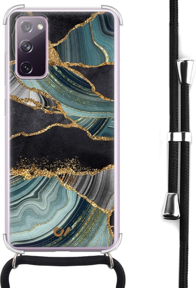 Telefoonhoesje met koord geschikt voor Samsung S20 FE - Marble Jade Stone - Inclusief koord - Transparant, Groen - - Crossbody beschermhoes - Met Telefoonketting