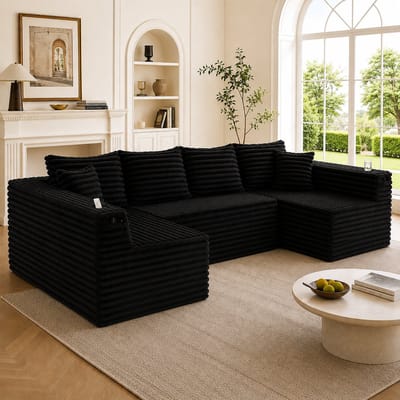 Moderne Hoekbank, U-Bank, 4-Zitsbank, U-vormige Corduroy Bank met Bekerhouders en Zijvakken, Verende Vulling, 4 Rugkussens en 2 Sierkussens, Ergonomisch Ontworpen voor Comfortabel Langdurig Zitten-Zwart