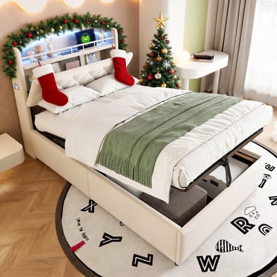 MODFU Kinder Polsterbed 90x200 cm – Fluweel Beige – Met LED, USB-C & Opbergruimte – Stabiel Tot 200 kg – Inclusief Metalen Lattenbodem – Slaapkamer Meubel voor Jongens en Meisjes