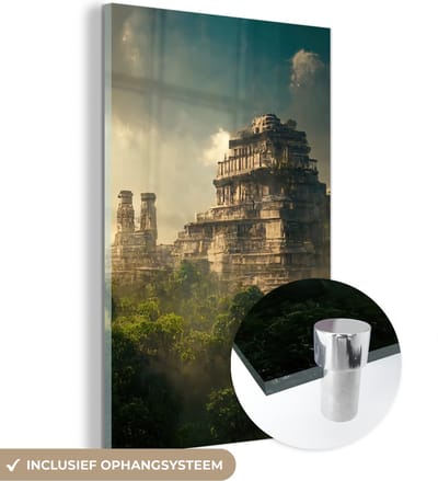 MuchoWow - Glasschilderij - Foto op glas - Jungle - Tempel - Lucht - Wolken - Groen - Schilderij glas - Acrylglas - Kamer decoratie - 120x180 cm - Wanddecoratie - Schilderijen woonkamer