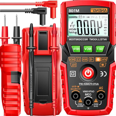 Retoo Digitale multimeter, AC/DC, spanning tot 500 V, DC-stroom, weerstand, doorgang, diodentest, groot lcd-display met achtergrondverlichting, zaklamp, akoestisch alarm, compact, rood-zwart