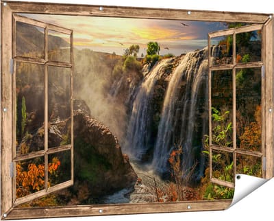 Gards Tuinposter Doorkijk Watervallen vanaf de Kliffen - 150x100 cm - Tuindoek - Tuindecoratie - Wanddecoratie buiten - Tuinschilderij