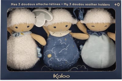 Kaloo Doux Sommeil - 3 Schaapjes Doudou Knuffeldoekjes - Drie Schapen Fopspeenhouders Met Elk Hun Eigen Bijzonderheid En Kleur, Zodat Baby Het Als Knuffel Kan Gebruiken Maar Ook Kan De Fopspeen Bevestigd Worden Aan Het Fijne Lint
