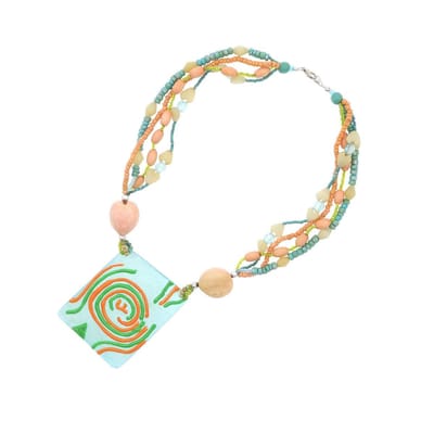 Behave® Dames Ketting Blauw Oranje Met Houten Kralen En Schelpen – Nikkelvrij Handgemaakt Sieraad