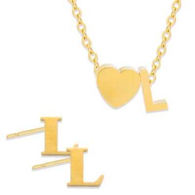 Initiaal Ketting & Oorbellen set met Letter L Goudkleurig - Stainless Steel - Met letter & Hartje! - 2x Sieraden Cadeau - Pax Amare