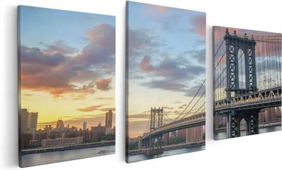 Artaza Canvas Schilderij Drieluik Manhattan Bridge Brug In New York - 120x60 - Foto Op Canvas - Canvas Print