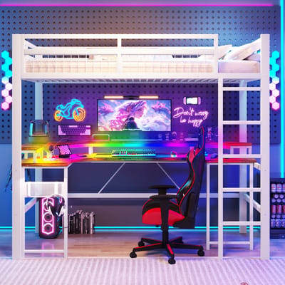 VVBV Kinderhoogslaper 90x200 cm met USB-C & Stopcontact, Bureau - Planken, LED-Verlichting - Metaal Wit - Zonder Matras