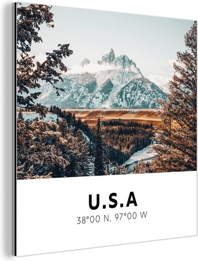 Wanddecoratie Metaal - Aluminium Schilderij Industrieel - Amerika - Bergen - Sneeuw - 90x90 cm - Dibond - Foto op aluminium - Industriële muurdecoratie - Voor de woonkamer/slaapkamer