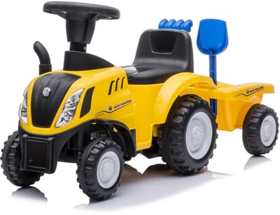 New Holland Loopauto Tractor 1 tot 3 jaar – Officieel Gelicentieerde Speelgoed Tractor met Aanhanger, Koplampen & Toeter – Buitenspeelgoed Peuter met Hark, Schep & Opbergbox – Geel