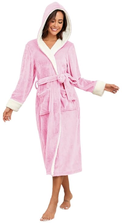 Dames Fleece Badjas met Capuchon en Witte Boorden - Lange Zachte Slobkous - Knus Winter Huispak
