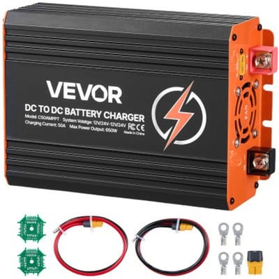 VEVOR DC-DC acculader met MPPT 650 W 50 A, laadbooster met dubbele ingang voor zonnepanelen/dynamo's, geschikt voor het opladen van LiFePO4 loodzuuraccu's, 12 V/24 V, voor noodstroomvoorziening in campers en thuis.